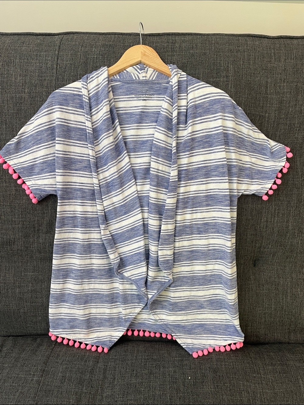 Vineyard Vines Blue & White Striped  Hooded Cardigan with Pink Pom Trim